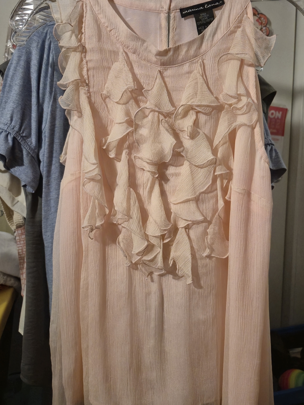 Marina Rinaldi Blush Pale Pink 100% Silk Ruffle Neckline Sleeveless Top Sz Large